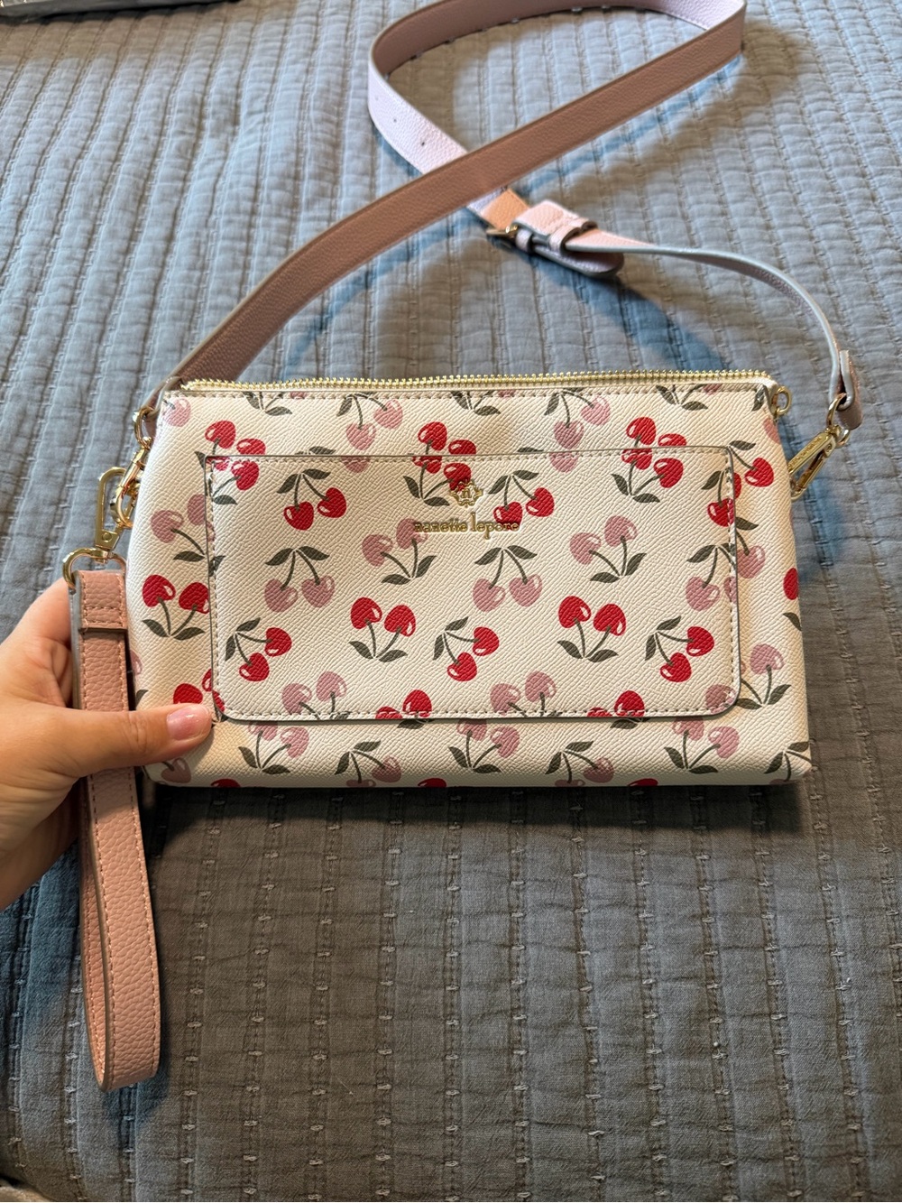 Nanette Lepore Pink and Red Cherry Print Crossbody Bag